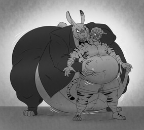 5_fingers anthro belly belly_grab bent_over big_belly bottomwear buckteeth claws clenched_teeth clothed clothing cross-popping_vein duo ears_up fangs fingers fur glowing glowing_eyes hair half-closed_eyes hand_on_belly hand_on_head male morbidly_obese morbidly_obese_anthro morbidly_obese_male musclegut muscular muscular_anthro muscular_male narrowed_eyes navel obese obese_anthro obese_male overweight overweight_anthro overweight_male pants paws scut_tail short_tail shorts size_difference smile striped_body striped_fur stripes suit suit_jacket tail teeth topless topless_anthro topless_male whiskers wide_eyed reagan700 benson_(reagan700) fan_character felid lagomorph leporid mammal pantherine rabbit tiger 2024 hi_res monochrome