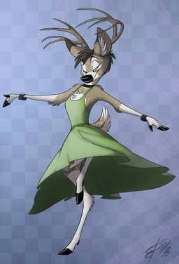 4_fingers anthro antlers barefoot biped black_hooves black_nose blue_background blue_eyes brown_body brown_fur brown_hair checkered checkered_background chest_tuft choker clothed clothing cloven_hooves dancing dress eyebrows feet female fingers flat_chested fluffy fluffy_tail fur gloves_(marking) green_clothing green_dress hair half-closed_eyes hooved_fingers hooves horn inner_ear_fluff jewelry leg_markings markings multicolored_body multicolored_fur narrowed_eyes necklace on_one_leg pattern_background scut_tail short_hair short_tail simple_background slim smile socks_(marking) solo spots spotted_body spotted_fur standing tail toony tuft white_body white_fur white_spots wristband lizet jayne_doe deer mammal 2018 hi_res signature