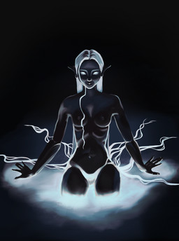 black_body dark female glistening glistening_body glistening_eyes hair long_hair nipples simple_background solo white_hair whitebaloo dark_elf elf humanoid hi_res