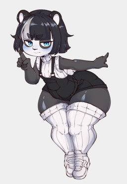 anthro bangs big_butt biped black_body blue_eyes blush blush_lines butt clothed clothed_anthro clothed_female clothing female female_anthro front_view gesturing_at_viewer hair legwear looking_at_viewer pawpads pose short_hair solo stockings thick_thighs young young_anthro mossyartburger bear giant_panda mammal digital_drawing_(artwork) digital_media_(artwork) full-length_portrait greyscale hi_res monochrome portrait shaded simple_shading spot_color