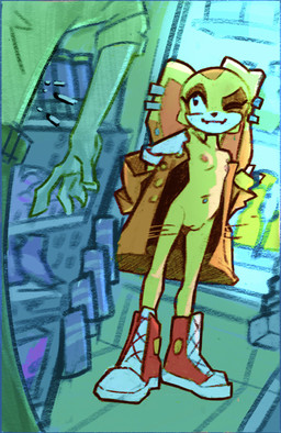 adolescent ambiguous_gender anthro areola black_nose breasts closed_smile clothing coat countershade_face countershading detailed_background duo ear_piercing ear_ring exhibitionism female flashing floppy_ears footwear fur genitals gloves handwear humanoid_genitalia humanoid_vulva inside loli long_ears looking_at_another lop_ears mostly_offscreen_character mouth_closed navel nipples piercing presenting public public_exposure red_clothing red_footwear ring_piercing shoes small_breasts smile store surprised tan_body tan_fur topwear vulva white_body white_clothing white_countershading white_gloves white_handwear young young_anthro young_female quarryjade sega sonic_the_hedgehog_(series) cream_the_rabbit human lagomorph leporid mammal rabbit 2025 hi_res