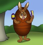 3_toes 4_fingers anthro barefoot blue_sky brown_body brown_eyes brown_feet brown_fur candy chocolate chocolate_egg clearing clothing costume day dessert detailed_background egg feet female fingers food food_costume forest fur grass holding_food holding_object mascot one_eye_closed open_mouth open_smile outside pink_nose plant sky smile smiling_at_viewer solo standing toes tree wink vixdojofox cadbury cadbury_bunny lagomorph leporid mammal rabbit