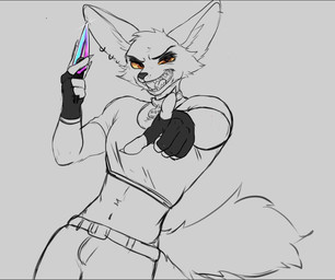 anthro belt bottomwear bulge clothing collar collar_tag crop_top ear_piercing ear_ring fingerless_gloves gesture gloves hand_gesture handwear holding_knife holding_object holding_weapon humanoid_hands inner_ear_fluff knife looking_at_viewer male navel open_mouth orange_eyes pants piercing pointing pointing_at_viewer ring_piercing sharp_teeth shirt solo tail teeth text text_on_collar_tag topwear tuft weapon wearing_collar yellow_sclera chase-raccoon canid canine fennec_fox fox mammal true_fox english_description english_text letterbox