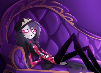 anthro beanie black_clothing bodily_fluids bottomwear clothing crying female fur furniture grey_body grey_fur grey_hair hair hat headgear headwear long_hair pants pink_clothing sad simple_background sitting sofa solo star tears white_face akuma_nemui hellaverse helluva_boss octavia_(helluva_boss) avian bird owl owl_demon
