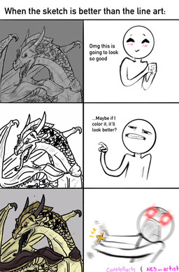 ambiguous_gender blush cross feral horn humor open_mouth text the_truth tongue tongue_out constelliarts ncs mythology dragon human mammal mythological_creature mythological_scalie scalie 2019 comic english_text hi_res