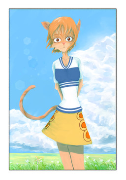 alternate_species anthro blue_sky border clothing female flower furrification grass_field hand_behind_back looking_at_viewer plant sky solo white_border mr.foxman one_piece nami_(one_piece) domestic_cat felid feline felis mammal absurd_res hi_res