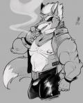 anthro cigarette clothed clothing dipstick_tail eye_patch eyewear fur glistening grey_background hair male markings multicolored_tail muscular muscular_anthro muscular_male navel nipples pecs scar simple_background smoke smoking solo tail tail_markings teeth donryu nintendo star_fox wolf_o'donnell canid canine canis mammal wolf 2018 4:5 digital_drawing_(artwork) digital_media_(artwork) greyscale hi_res monochrome