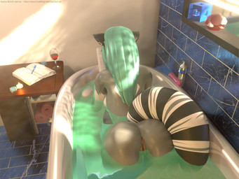 anthro anus bathing bathroom bathtub black_body black_fur black_tail book butt detailed_background ear_piercing female fur genitals green_hair grey_body grey_fur grey_tail hair holding_book holding_object inside long_hair markings multicolored_body multicolored_fur multicolored_tail nude piercing reading rear_view ring_(marking) ringed_tail solo striped_markings striped_tail stripes tail tail_markings text vulva white_body white_fur white_tail ashnar sasha_(ashnar) mammal procyonid raccoon 2020 3d_(artwork) 4:3 digital_media_(artwork) hi_res url