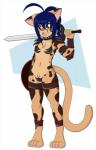 4_toes anthro armor biped blue_hair chest_tuft feet female fur hair long_hair melee_weapon navel open_mouth pubes simple_background solo standing sword toes tongue tuft weapon white_background yellow_eyes kloe_(artist) kloe_kitty domestic_cat felid feline felis mammal 2014 hi_res