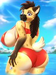 anthro big_breasts big_butt breasts butt clothing female inflatable midriff red_bikini_bottom red_bikini_top solo swimwear under_boob water ladnelsiya ahnari_(psyonicfox) animate_inanimate hyena living_inflatable mammal 2023 digital_media_(artwork) hi_res