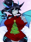 2_horns 4_ears 5_fingers anthro big_breasts black_hair blue_eyes blue_wings breasts christmas_clothing christmas_sweater christmas_topwear clothed clothing curvy_figure cyan_background female fingers hair hand_on_breast holidays horn hourglass_figure multi_ear nipple_outline open_hand open_mouth pillow plant red_clothing red_sweater red_topwear short_hair simple_background sitting sitting_on_pillow smile solo spread_wings sweater thick_thighs topwear tree wings nanniras christmas mythology valerie_(vulpisshadowpaws) dragon mythological_creature mythological_scalie scalie 2020 digital_media_(artwork) hi_res shaded signature