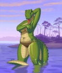 anthro arm_in_front arms_bent big_breasts bikini breasts clothed clothing clothing_ring covering covering_breasts covering_self curvy_figure detailed_background fangs female green_eyes green_sclera hand_behind_head lake legs_in_water looking_at_viewer nature navel non-mammal_breasts o-ring o-ring_bikini o-ring_bikini_bottom o-ring_swimwear open_mouth outside partially_submerged plant raised_arm ring_(hardware) scales sharp_teeth slightly_chubby smile solo standing standing_in_water submerged_legs submerged_tail swimwear tail tail_in_water tail_out_of_water teeth thick_tail thick_thighs tongue tongue_out topless tree two-piece_swimsuit under_boob voluptuous water wet wide_hips siyah delfina alligator alligatorid crocodilian reptile scalie