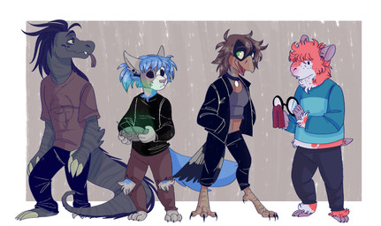 3_toes 4_fingers alternate_species anthro beak biped black_hair blue_body blue_fur blue_hair border bottomwear brown_hair claws clothed clothed_anthro clothed_female clothed_male clothing eyewear feathered_tail feathers feet female female_anthro finger_claws fingers fur furrification glasses group hair hair_over_eyes holding_object jewelry male male_anthro markings mask necklace orange_body orange_fur pants plantigrade shirt simple_background standing striped_body striped_markings striped_tail stripes tail tail_markings talons toe_claws toes tongue tongue_out topwear wearing_mask white_border nicothealien sally_face ashley_campbell larry_johnson sal_fisher todd_morrison alpaca avian camelid canid mammal scalie 2019 absurd_res hi_res