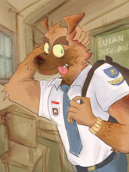 armband backpack big_eyes chair chalkboard clothing desk eyebrows furniture hand_on_head male necktie pupils school_desk school_uniform small_pupils solo table text thick_eyebrows tongue tongue_out uniform virasuals canid canine canis domestic_dog german_shepherd herding_dog mammal pastoral_dog 3:4