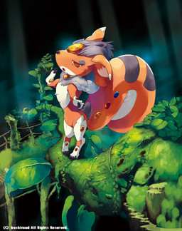 4_toes 5_fingers anthro big_tail biped blue_gem chest_tuft dipstick_ears ear_markings feet female fingers fur gem grey_hair hair multicolored_body multicolored_ears multicolored_fur orange_body orange_eyes orange_fur red_gem solo tail toes tuft white_body white_fur wide_hips yellow_gem takeo_saitou bushiroad cardfight!!_vanguard mythology yellow_gem_carbuncle mythological_carbuncle mythological_creature 2012 official_art
