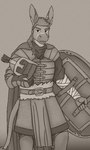 ambiguous_gender anthro armor belt belt_buckle buckle clothed clothing female hair headgear helmet holding_armor holding_headgear holding_helmet holding_object looking_at_viewer mercenary shield simple_background solo oneflymagpie zarina_venkatesh asinus donkey equid equine mammal 3:5 monochrome