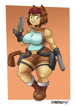 anthro big_breasts bottomwear breasts brown_hair clothing cosplay eyewear female fingerless_gloves fur gloves gun hair handgun handwear holster hotpants looking_at_viewer muscular pink_eyes pistol ranged_weapon shirt shorts smile solo sunglasses tail tan_body tan_fur tank_top thick_thighs topwear weapon whiskers dumbnuts47 gameoverse glitch_productions tomb_raider kit_bodega lara_croft domestic_cat felid feline felis mammal hi_res