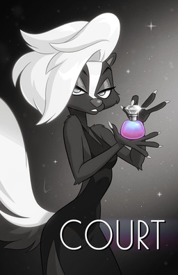 anthro arm_tuft black_body black_clothing black_dress black_fur clothing dress female fur hair perfume perfume_bottle shoulder_tuft solo tuft white_hair birchly courtney_brushmarke mammal mephitid skunk striped_skunk 2024
