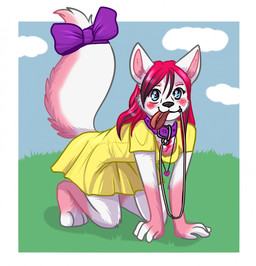 accessory all_fours anthro blue_eyes blush bow_(feature) bow_accessory bow_ribbon clothed clothing collar dress female fur furgonomics jewelry leash leash_in_mouth lightning_bolt necklace object_in_mouth pink_body pink_fur playful playing ribbons solo tail tail_accessory tail_bow tail_ribbon walking white_body white_fur yellow_clothing yellow_dress young young_anthro babystar angelicdevil canid canine canis domestic_dog german_shepherd herding_dog mammal pastoral_dog digital_media_(artwork) hi_res