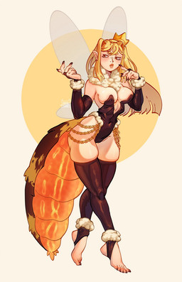 armwear arthropod_abdomen blonde_hair breasts clothed clothing crown elbow_gloves feet female fingers gloves hair handwear headgear insect_wings legwear leotard neck_tuft pose simple_background skimpy skindentation solo stirrup_legwear thigh_highs toes tuft wide_hips wings dragoumare arthropod humanoid hymenopteran insect hi_res pinup