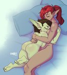 bed breast_pillow breast_squish breasts brown_hair butt cuddling duo eyes_closed feet female female/female furniture hair hug humanoid_pointy_ears not_furry nude on_bed pillow ponytail red_hair side_boob size_difference squish croxot elf goblin humanoid 2022 hi_res