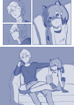 anthro barefoot belt clothed clothing collar duo feet female fingers fluffy fluffy_tail food fur gloves hair handwear male popcorn reclining shirt sitting smile tail tank_top topwear ochika_yorumo brand_new_animal studio_trigger michiru_kagemori shirou_ogami canid canine human mammal raccoon_dog tanuki 2020 absurd_res blue_and_white hi_res monochrome