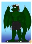 3_toes abs anthro blue_eyes bottomwear brown_hair claws clothed clothing feet gradient_background green_body green_skin hair horn male muscular muscular_anthro muscular_male navel partially_clothed shorts simple_background solo tail toes topless wings djcoyoteguy mythology garrett_cooper dragon mammal mythological_creature mythological_scalie scalie 3:4 hi_res