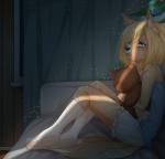 blonde_hair blue_eyes bodily_fluids clothed clothing crying female fluffy fluffy_tail footwear fur hair holding_object holidays inside legwear open_mouth plushie sad sitting socks solo tail tan_body tan_fur tears sananay christmas canid canine mammal 2018