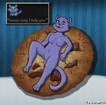 anthro blue_body blue_fur blue_nose cookie female femboy food fur green_eyes lying milk on_back smile text_box pixiecatsupreme cookie_clicker domestic_cat felid feline felis mammal