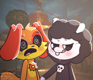 after_kiss anthro bedroom_eyes black_body black_eyes black_fur black_wool blurred_background blush blush_lines bodily_fluids bone duo ears_down ears_up female fur hypnotic_eyes jewelry male male/female narrowed_eyes necklace orange_body orange_fur outside pivoted_ears pupils saliva saliva_string seductive shocked skull skull_accessory sweat sweatdrop tail teeth teeth_showing text tongue tongue_out white_pupils wool_(fur) tinky mob_entertainment nightmare_critters poppy_playtime smiling_critters baba_chops_(poppy_playtime) dogday_(poppy_playtime) bovid canid canine canis caprine domestic_dog mammal sheep hi_res url