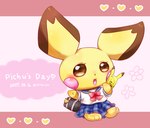 2017 ambiguous_gender bag blush bottomwear cellphone clothing electronics english_text generation_2_pokemon handbag heart_symbol mammal nintendo phone pichu pichu_day pokemon pokemon-specific_day pokemon_(species) ribbons rodent school_uniform shiimi_kro simple_background skirt smartphone solo text uniform