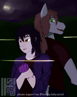 anthro bullet detailed_background female fighting_pose forest forest_background hair long_hair nature nature_background night plant pose sharp_teeth smile smiling_at_another smiling_at_partner standing teeth text toony tree hoodsy canid canine canis human mammal wolf absurd_res digital_drawing_(artwork) digital_media_(artwork) english_text hi_res shaded