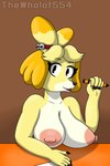 anthro black_claws black_nose breasts claws female fur holding_object looking_at_viewer multicolored_body multicolored_fur nipples pen pink_nipples solo yellow_body yellow_fur thewholof554 animal_crossing nintendo isabelle_(animal_crossing) canid canine canis domestic_dog mammal 2:3 hi_res shaded