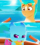 aquamarine_hair blaze_(marking) blue_body blue_scales boat duo facial_markings female head_markings male markings membrane_(anatomy) membranous_wings open_mouth orange_eyes purple_eyes scales sun turquoise_hair vehicle voice_actor_joke water watercraft wings justinmacklis hasbro mlp_g5 my_little_pony mythology sega sonic_the_hedgehog_(series) sonic_the_hedgehog_2_(film) hitch_trailblazer_(mlp) sparky_sparkeroni_(mlp) dragon earth_pony equid equine horse mammal mythological_creature mythological_scalie pony scalie 2022 digital_media_(artwork) hi_res