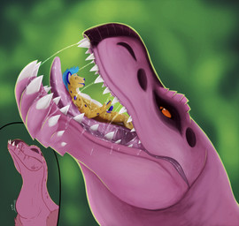 anthro bodily_fluids body_in_mouth cum duo ejaculation endosoma erection feral fur genital_fluids genitals hair male male/male markings neck_bulge nude open_mouth oral_vore penis safe_vore saliva sharp_teeth simple_background size_difference smile soft_vore spots spotted_body spotted_fur teeth text tongue tongue_out vore willing_prey tallion capcom monster_hunter trey_(treylep) anjanath brute_wyvern dinosaur felid leopard mammal pantherine prehistoric_species reptile scalie absurd_res digital_media_(artwork) english_text hi_res