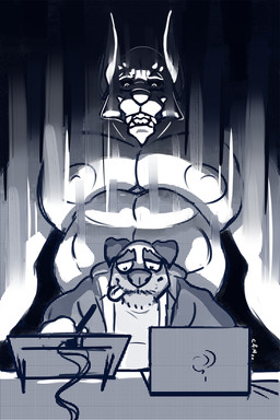 abs anthro clothed clothing computer drawing_tablet duo electronics fangs front_view grin jacket laptop male muscular muscular_anthro muscular_male narrowed_eyes nipples nude open_clothing open_jacket open_topwear overweight overweight_anthro overweight_male pecs smile teeth tongue tongue_out topwear chocolateandmilk richard_(chocolateandmilk) canid canine canis domestic_dog mammal 2020 2:3 dated hi_res monochrome signature