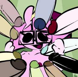 anthro black_eyes blush crossgender dot_eyes eyewear female glasses group hair male male/female multiple_penises_pictured open_mouth pink_body pink_hair pink_skin rectangular_glasses shell_hat simple_eyes surrounded_by_penises thefablednekos spiral_stream_derby cocoa-bon crimson_clover gloomy_haven jerry_capshell lime_light_(thefablednekos) lucky_daze miss_mallow mossy_stone queen_majesty spiral_tapp tango_(thefablednekos) gastropod mollusk snail