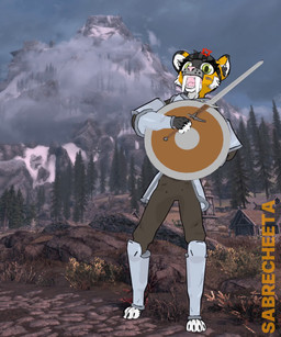 accessory anthro armor band-aid bandage battlecry bottomwear claws clothed clothing cloud cuirass ear_markings evergreen_tree fangs fantasy female fighting_pose forest fully_clothed fur gauntlets gloves greaves green_eyes handwear head_tuft headband holding_object holding_shield humor inner_ear_fluff knight looking_at_viewer medieval medieval_armor melee_weapon mountain open_mouth orange_body orange_fur pants path paws pine_tree pink_nose plant pose rock sabertooth_(anatomy) screaming shield sky solo sound_effects standing sword taunting teeth tongue toony tree tuft warrior weapon white_body white_fur sabrecheeta sound_warning bethesda_game_studios microsoft skyrim the_elder_scrolls sabrie_(sabrecheeta) felid mammal pantherine prehistoric_species saber-toothed_tiger 3d_(artwork) 3d_animation 5:6 animated blender_(artwork) digital_media_(artwork) hi_res meme short_playtime sound webm