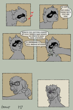 alternate_universe amputee curly_hair dialogue disability eyebrow_piercing eyewear facial_piercing facial_scar feral fur glasses group hair male missing_arm open_mouth piercing scar simple_background speech_bubble text trio puppyratcat canid canine canis domestic_cat domestic_dog felid feline felis hybrid mammal xog 2:3 comic digital_media_(artwork) english_text hi_res
