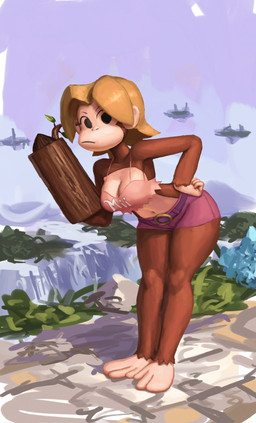 alternate_species anthro arm_cannon barefoot battlefield_(super_smash_bros) big_breasts blaster blonde_hair bottomwear breasts brown_body brown_fur cleavage clothed clothing cosplay crop_top crossover_cosplay day feet female fur furrification hair hand_on_hip leaning leaning_forward midriff navel outside prehensile_feet ranged_weapon shirt short_hair shorts simple_eyes sky solo text text_on_clothing text_on_crop_top text_on_shirt text_on_topwear toes topwear weapon redustheriotact donkey_kong_(series) nintendo super_smash_bros. candy_kong mii_gunner haplorhine mammal mii mii_(nintendo) monkey primate crossover hi_res