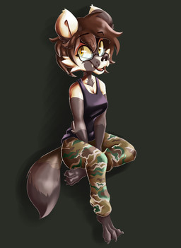 3_toes anthro barefoot bottomwear breasts brown_eyes brown_hair camo camo_bottomwear camo_clothing camo_pants camo_print claws cleavage clothed clothing eyewear feet female glasses hair pants pattern_bottomwear pattern_clothing pattern_pants shirt solo tank_top toes topwear miakameron kyra_sable gulonine mammal marten mustelid musteline sable_(marten) hi_res