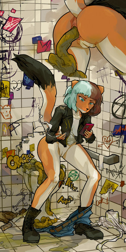 alternative_fashion anthro anus bathroom butt cigarette clothing feces feces_in_ass feces_on_body feces_on_butt feces_pile female genitals jacket leather leather_clothing leather_jacket leather_topwear onomatopoeia pooping pooping_in_toilet pooping_on_floor punk smoking smoking_cigarette solo sound_effects text toilet toilet_use topwear vulva usagaijin canid canine fox mammal true_fox hi_res