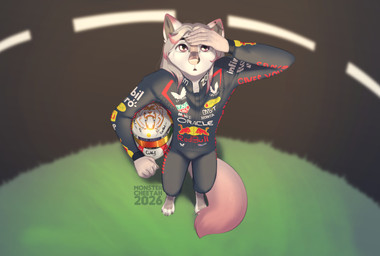 anthro armor biped claws clothed clothed_anthro clothed_male clothing feet fingers front_view fur hair headgear helmet male solo standing tail toes monstercheetah bybit castore_(company) claro_company mobil_(brand) oracle_corporation pirelli rauch_(company) red_bull sparco tag_heuer zoom_(app) canid canine canis mammal wolf 2026 digital_drawing_(artwork) digital_media_(artwork) hi_res