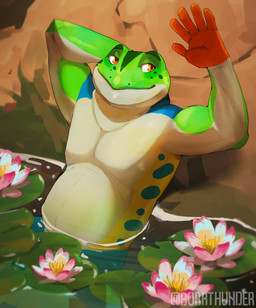 anthro convenient_censorship countershade_torso countershading flower lily_pad male markings multicolored_body nude plant rock_wall solo spots spotted_body water borkthunder amphibian frog red-eyed_treefrog tree_frog hi_res watermark