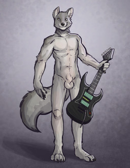 animal_genitalia anthro balls biped electric_guitar fluffy fully_sheathed fur genitals grey_body grey_fur guitar male musical_instrument nude plucked_string_instrument sheath simple_background smile solo standing string_instrument tail thestory canid canine canis mammal wolf digital_media_(artwork) hi_res
