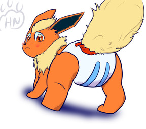 ageplay clothed clothing diaper embarrassed feral infantilism padded padding roleplay solo wearing_diaper young young_feral hangyakuneko nintendo pokemon eeveelution flareon generation_1_pokemon pokemon_(species) hi_res