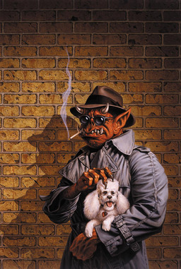 ambiguous_gender brick brick_wall cigarette cigarette_in_mouth claws clothing collar duo eyewear feral fur grey_clothing grey_jacket grey_topwear hat headgear headwear holding_character horn humanoid_pointy_ears jacket male object_in_mouth pointy_ears red_body sunglasses tongue tongue_out topwear wall_(structure) white_body white_fur clyde_caldwell canid canine canis demon demon_humanoid domestic_dog humanoid mammal poodle 1996 hi_res traditional_media_(artwork)