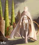 anthro armor bracers cloak clothing fur holding_object holding_weapon male ruins solo walking weapon whip_sword white_body white_fur hiverdose last_fables the_slayer_(last_fables) canid canine canis mammal wolf hi_res