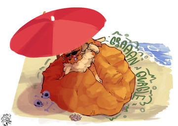 ambiguous_gender beach belly big_belly bone candy dessert digestion eyewear feral food fully_inside fur group huge_belly licking licking_lips mass_vore multiple_prey orange_arms orange_body red_umbrella rumbling_stomach skull sunglasses tan_body tan_fur tongue tongue_out unseen_prey vore water fishwithnoeyes nintendo pokemon eeveelution flareon generation_1_pokemon pokemon_(species) 2026