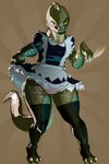 anthro bottomwear clothed clothing dress female legwear maid_uniform scales short_dress simple_background solo tail thigh_highs tight_bottomwear tight_clothing uniform greenpolygon crocodilian humanoid reptile reptoid scalie 2:3 absurd_res digital_media_(artwork) hi_res krita_(artwork)